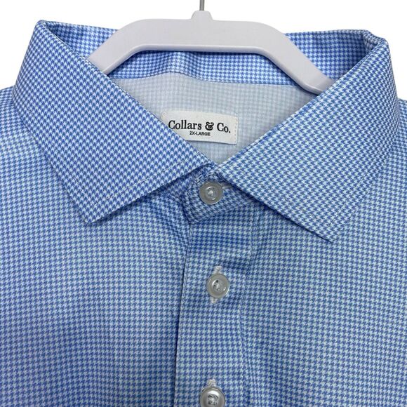 Collars & Co Polo Shirt Mens 2XL Blue White Houndstooth Long Sleeve Dress Preppy - Picture 4 of 8